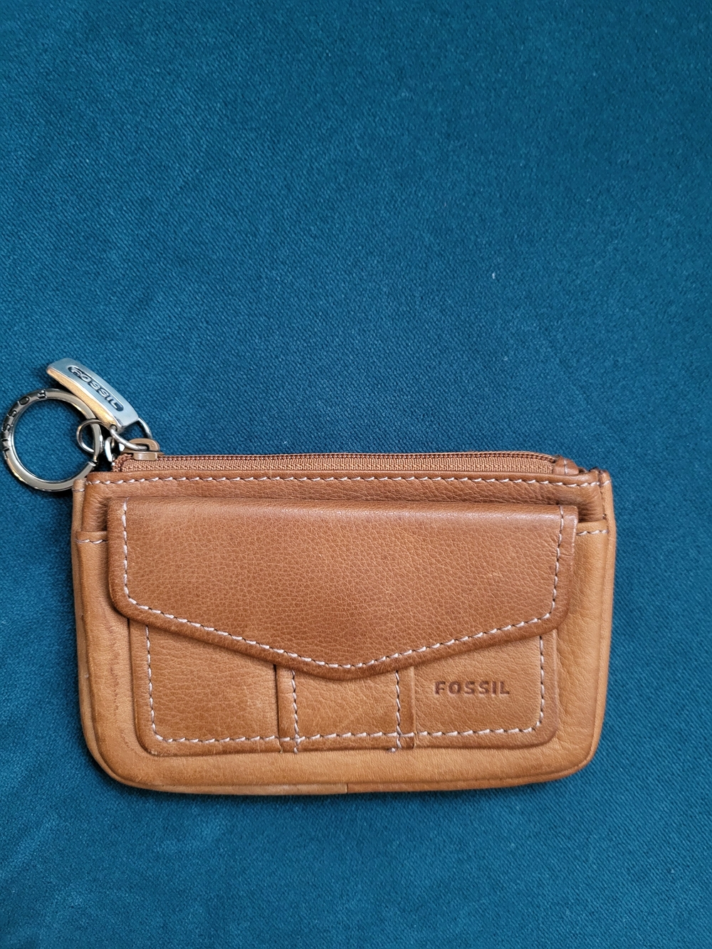Fossil Brown Leather Zip Card Pouch with Keyring